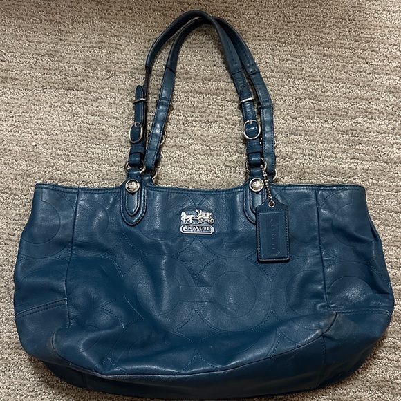 Coach Handbags - Coach Teal Blue Leather Signature Tote